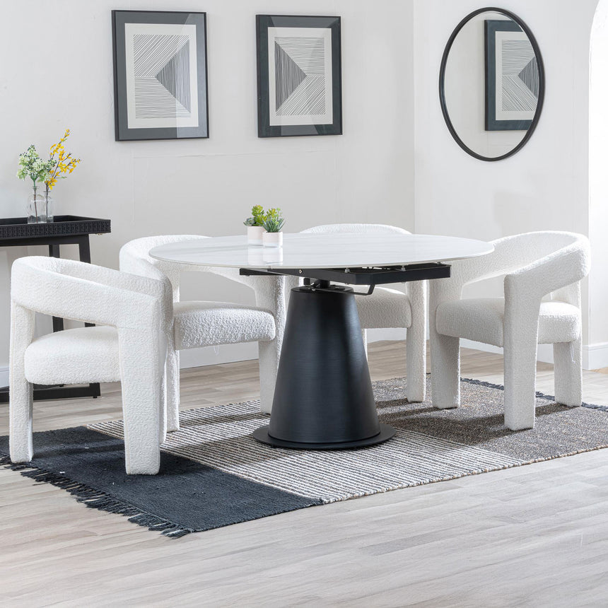 Madison White Ceramic 4 Seater Round Extending Dining Set - Killen Boucle Fabric Dining Chair