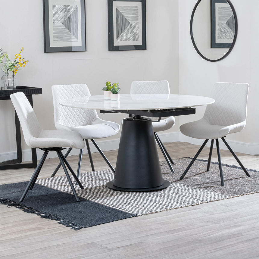 Madison White Ceramic 4 Seater Round Extending Dining Set - Messina Fabric Swivel Dining Chair