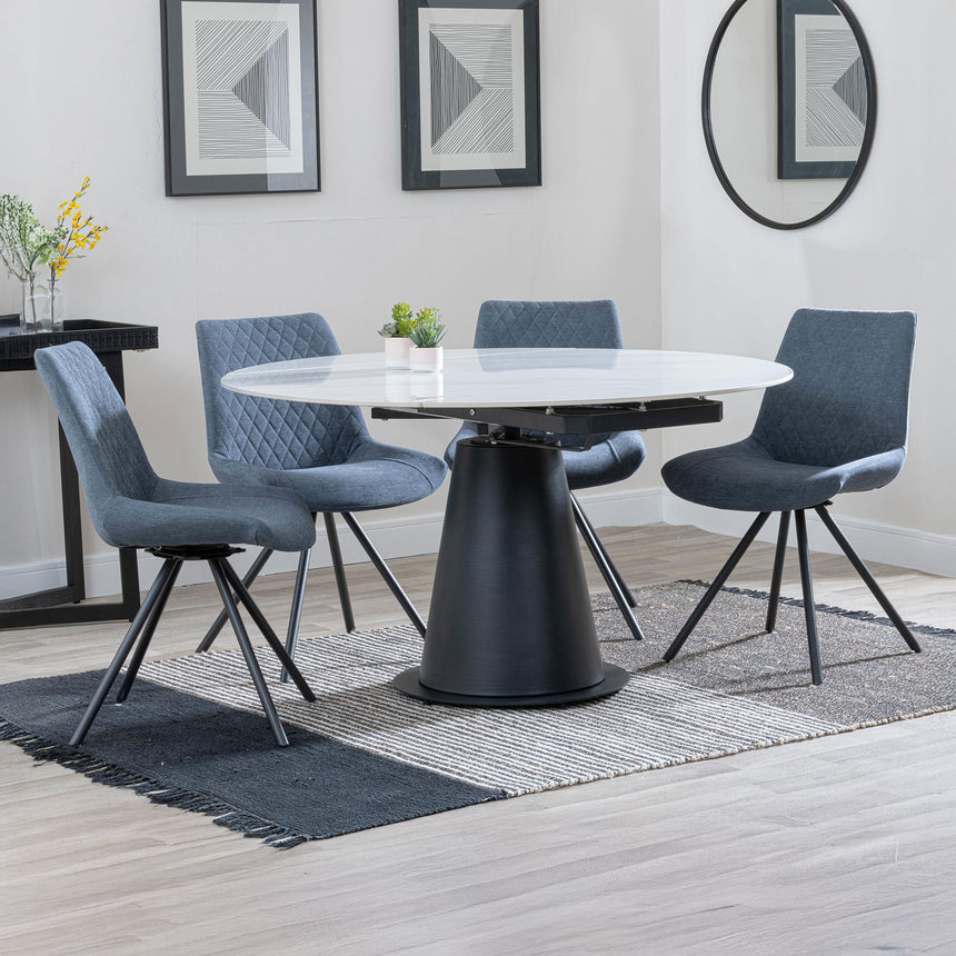 Madison White Ceramic 4 Seater Round Extending Dining Set - Messina Fabric Swivel Dining Chair