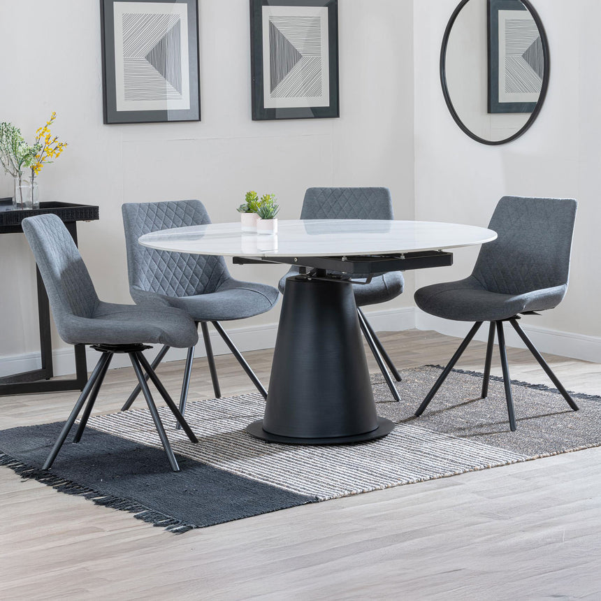 Madison White Ceramic 4 Seater Round Extending Dining Set - Messina Fabric Swivel Dining Chair