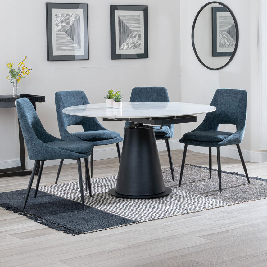 Madison White Ceramic 4 Seater Round Extending Dining Set - Stansbury Fabric Dining Chair
