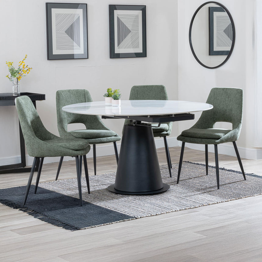 Madison White Ceramic 4 Seater Round Extending Dining Set - Stansbury Fabric Dining Chair