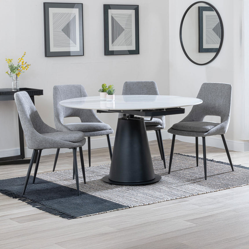 Madison White Ceramic 4 Seater Round Extending Dining Set - Stansbury Fabric Dining Chair
