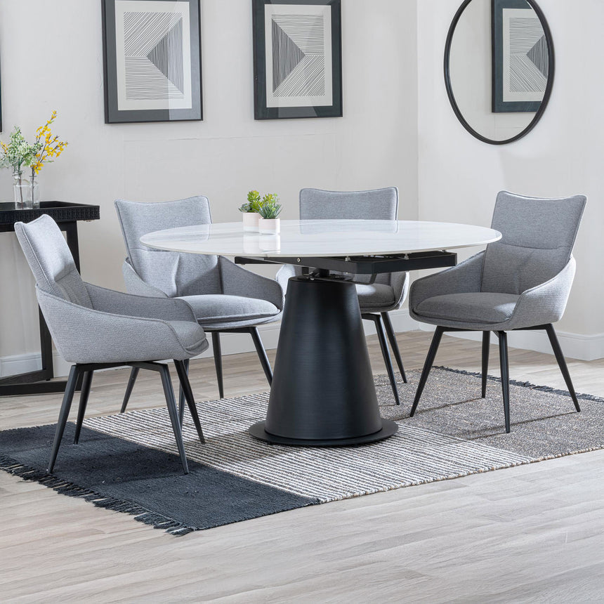 Madison White Ceramic 4 Seater Round Extending Dining Set - Torres Fabric Swivel Dining Chair