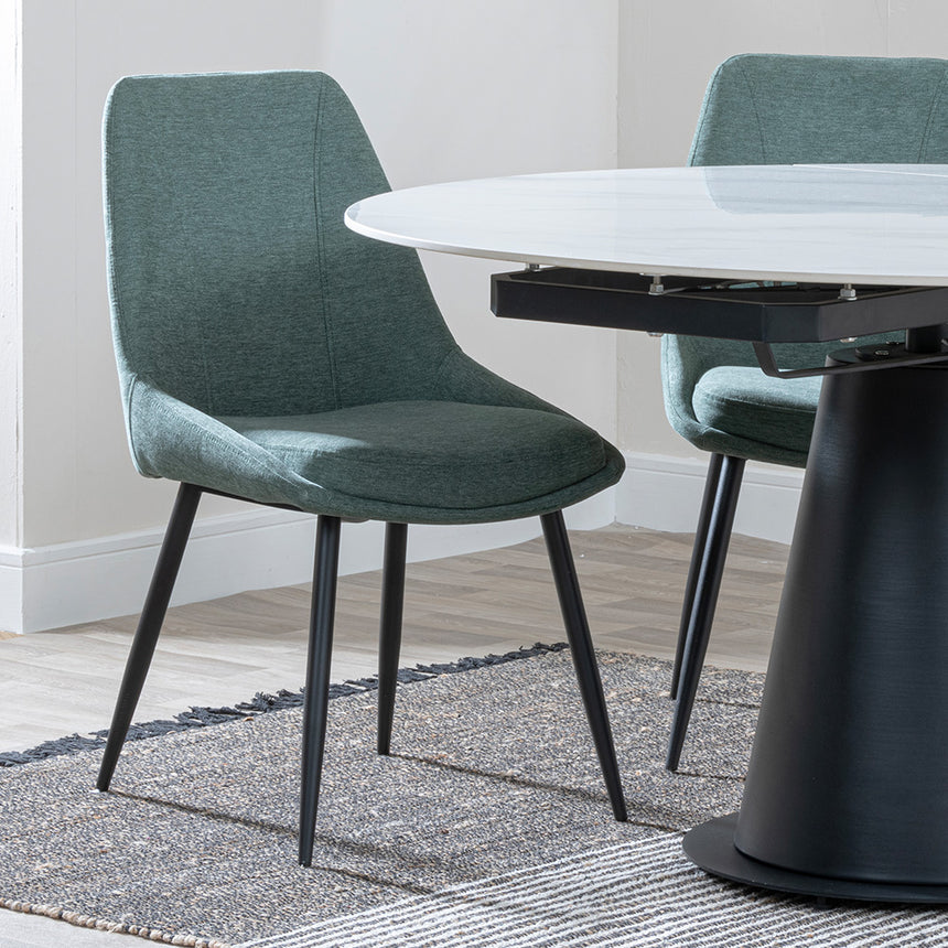Madison White Ceramic 4 Seater Round Extending Dining Set - Darwin  Fabric Dining Chair