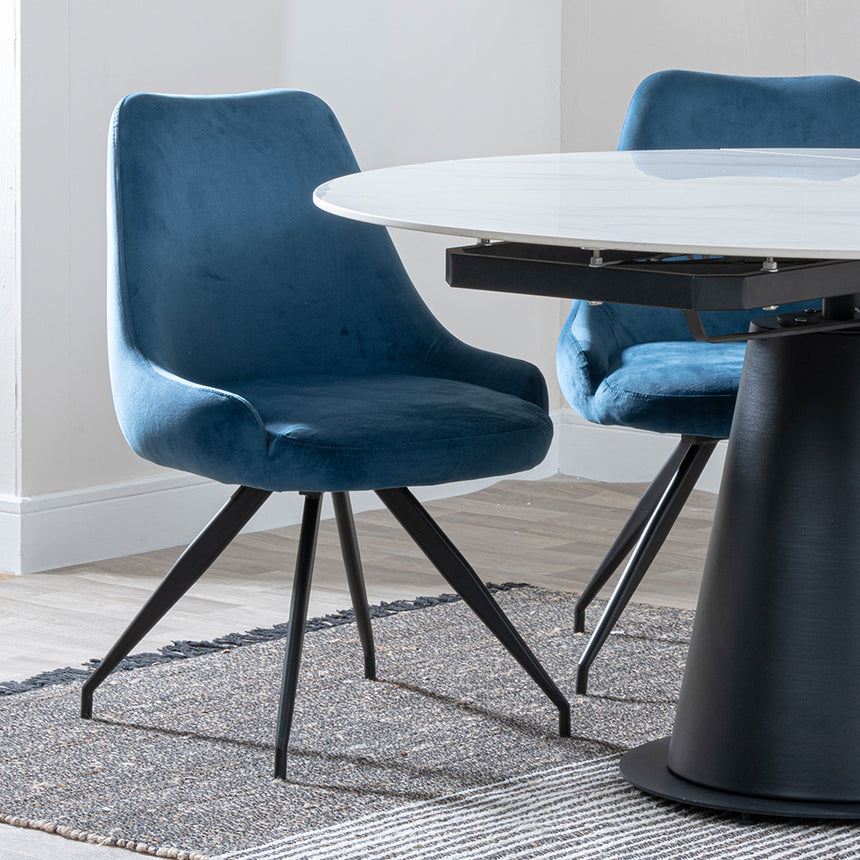 Madison White Ceramic 4 Seater Round Extending Dining Set - Diana Velvet Fabric Swivel Dining Chair