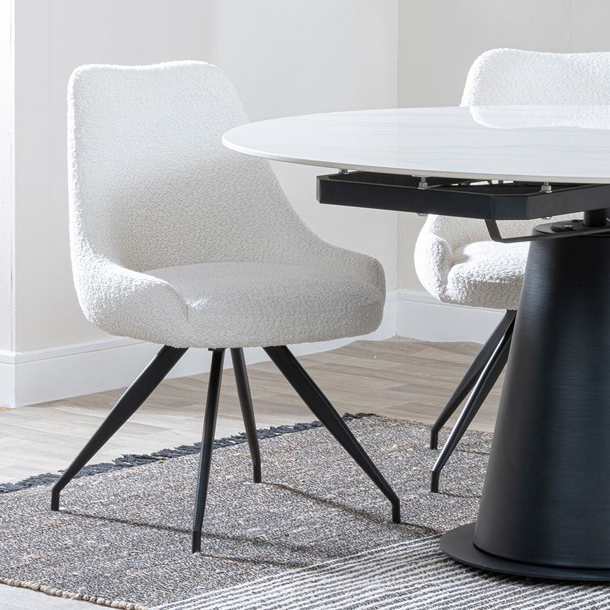 Madison White Ceramic 4 Seater Round Extending Dining Set - Diana Velvet Fabric Swivel Dining Chair