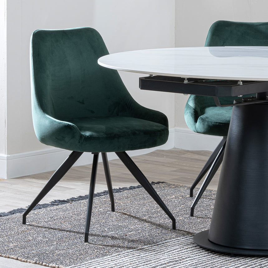Madison White Ceramic 4 Seater Round Extending Dining Set - Diana Velvet Fabric Swivel Dining Chair