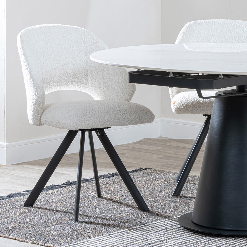 Madison White Ceramic 4 Seater Round Extending Dining Set - Burano Mustard Velvet Fabric Swivel Dining Chair