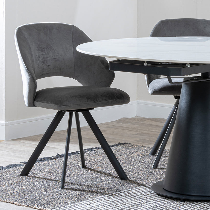 Madison White Ceramic 4 Seater Round Extending Dining Set - Burano Mustard Velvet Fabric Swivel Dining Chair