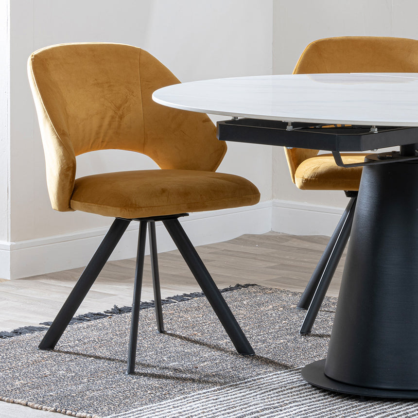 Madison White Ceramic 4 Seater Round Extending Dining Set - Burano Mustard Velvet Fabric Swivel Dining Chair