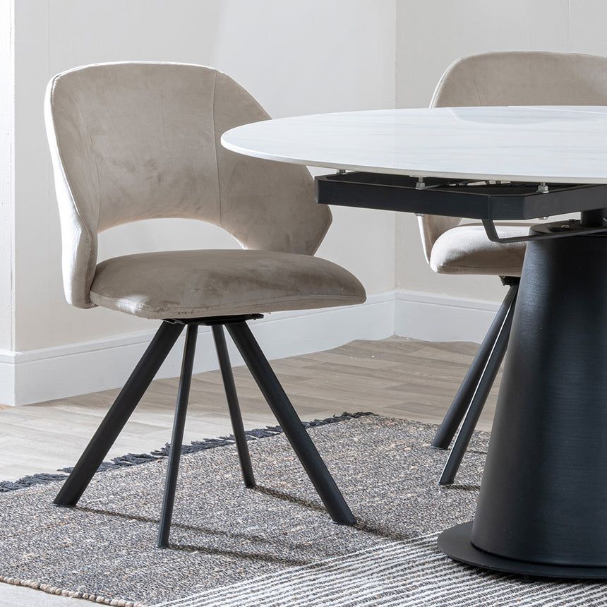 Madison White Ceramic 4 Seater Round Extending Dining Set - Burano Mustard Velvet Fabric Swivel Dining Chair