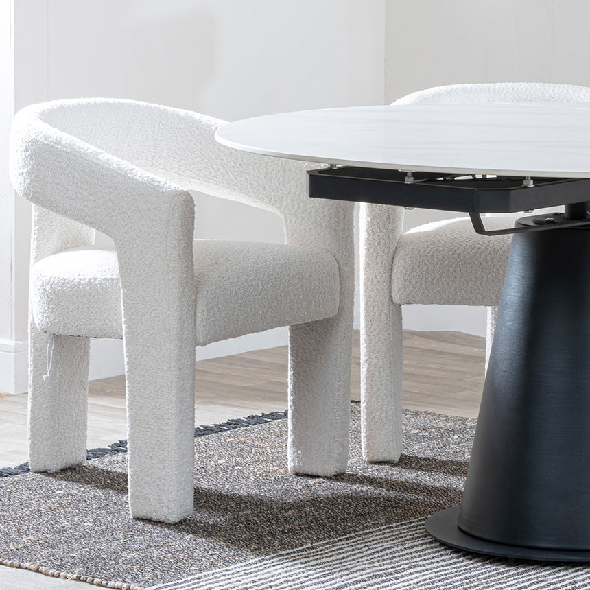 Madison White Ceramic 4 Seater Round Extending Dining Set - Killen Boucle Fabric Dining Chair