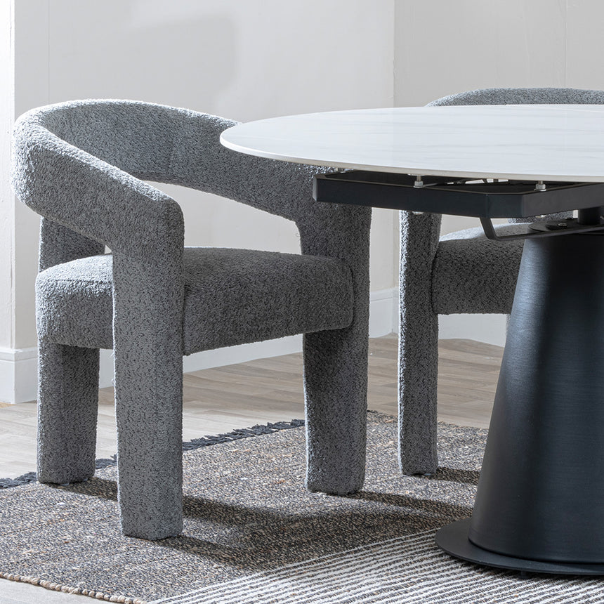 Madison White Ceramic 4 Seater Round Extending Dining Set - Killen Boucle Fabric Dining Chair