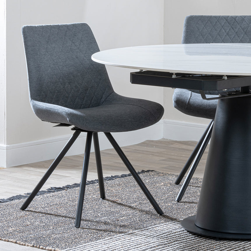 Madison White Ceramic 4 Seater Round Extending Dining Set - Messina Fabric Swivel Dining Chair
