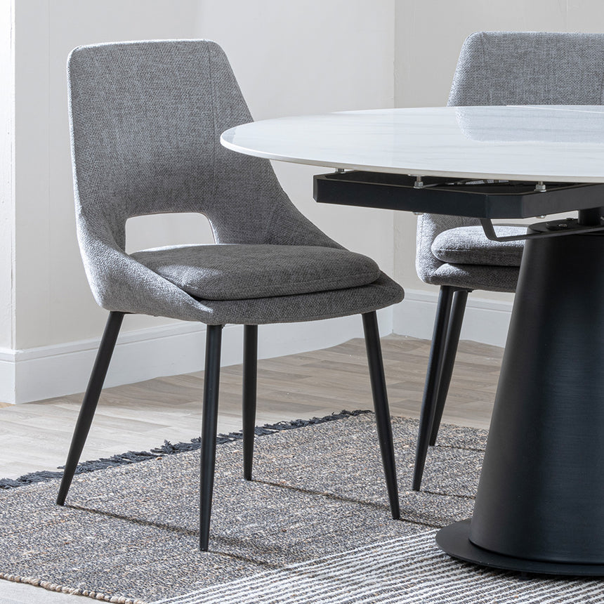 Madison White Ceramic 4 Seater Round Extending Dining Set - Stansbury Fabric Dining Chair