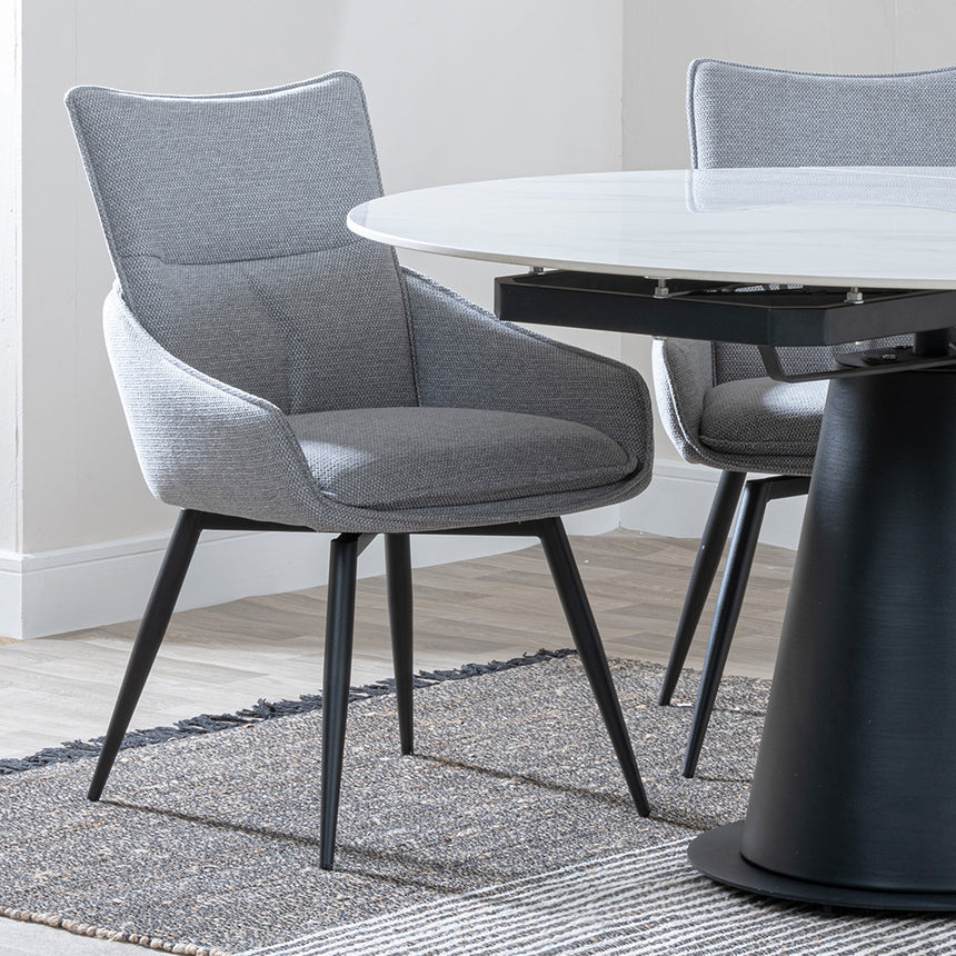 Madison White Ceramic 4 Seater Round Extending Dining Set - Torres Fabric Swivel Dining Chair