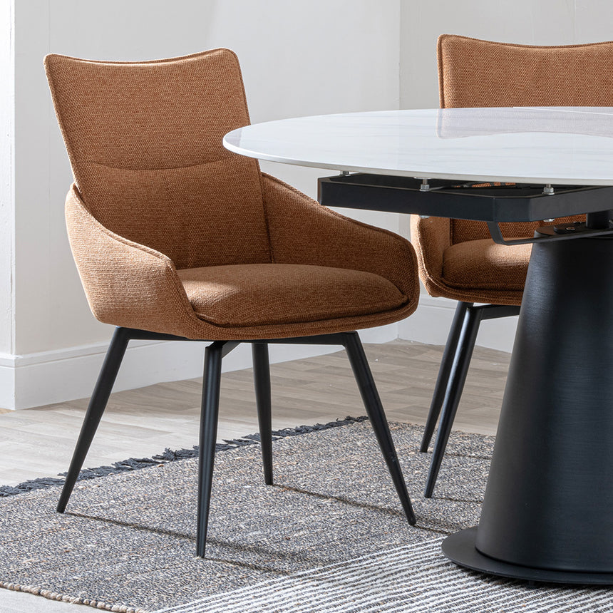 Madison White Ceramic 4 Seater Round Extending Dining Set - Torres Fabric Swivel Dining Chair
