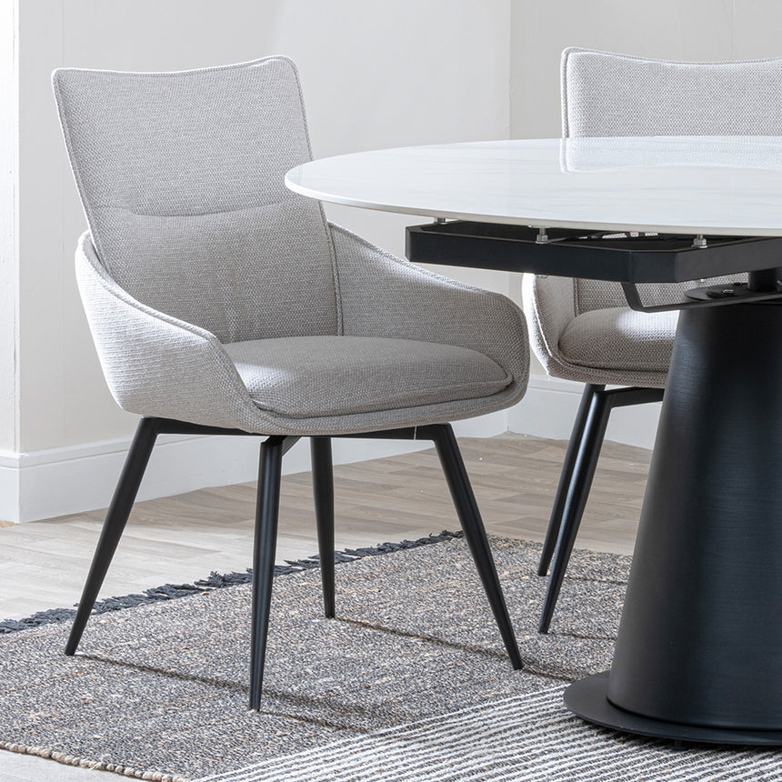 Madison White Ceramic 4 Seater Round Extending Dining Set - Torres Fabric Swivel Dining Chair