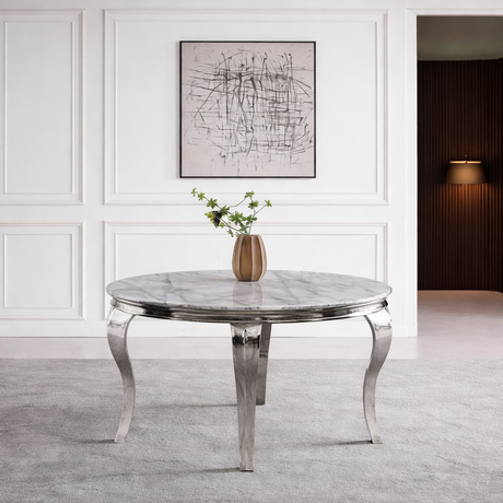 Matera 4 Seater Grey Marble and Chrome Round Dining Table - 120cm