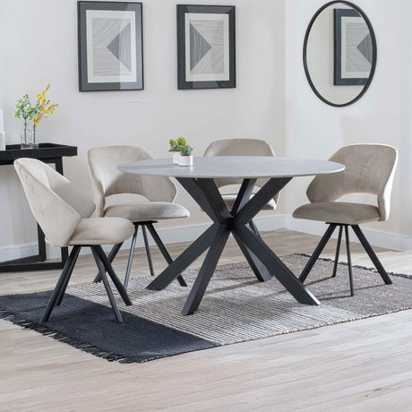Megan Grey Ceramic 4 Seater Round Dining Set - Burano Velvet Fabric Swivel Dining Chair