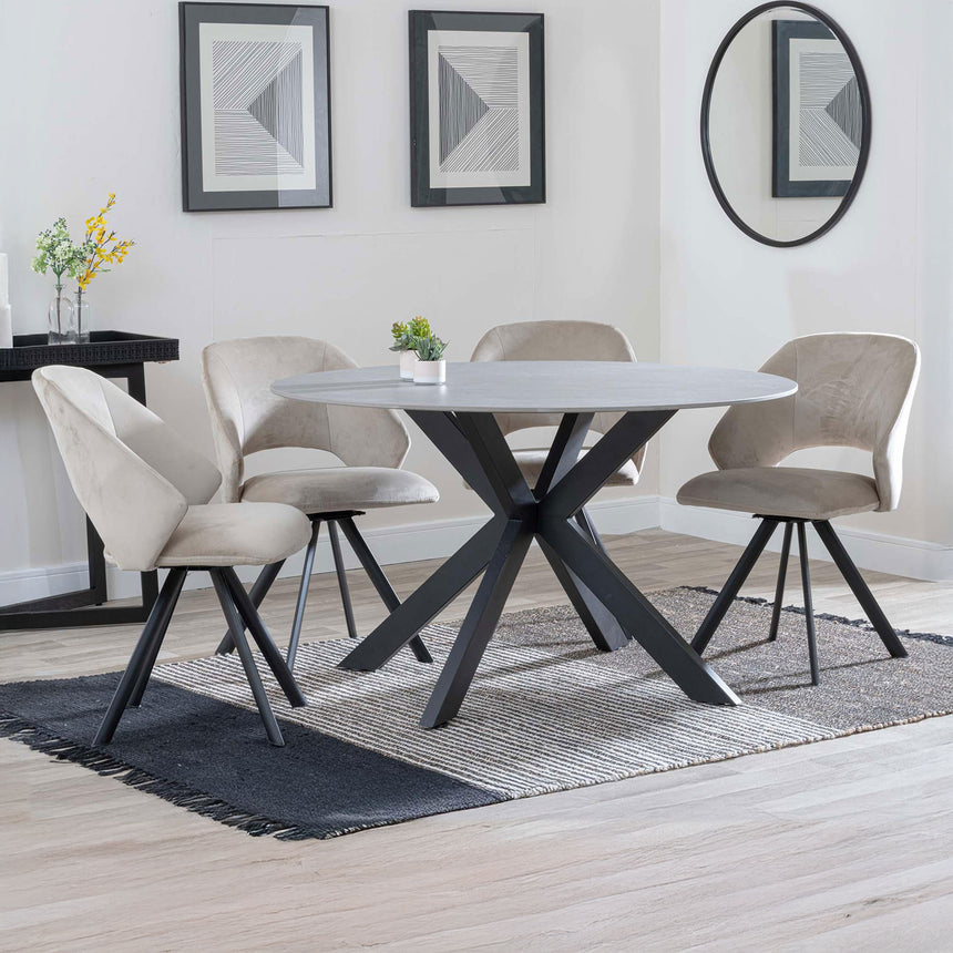 Megan Grey Ceramic 4 Seater Round Dining Set - Burano Velvet Fabric Swivel Dining Chair