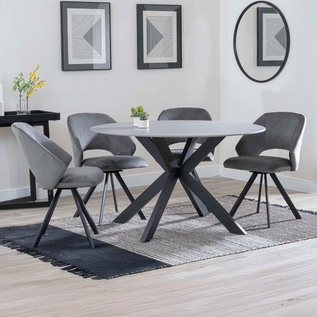 Megan Grey Ceramic 4 Seater Round Dining Set - Burano Velvet Fabric Swivel Dining Chair