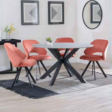 Megan Grey Ceramic 4 Seater Round Dining Set - Burano Velvet Fabric Swivel Dining Chair
