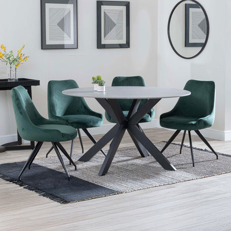 Megan Grey Ceramic 4 Seater Round Dining Set - Diana Velvet Fabric Swivel Dining Chair