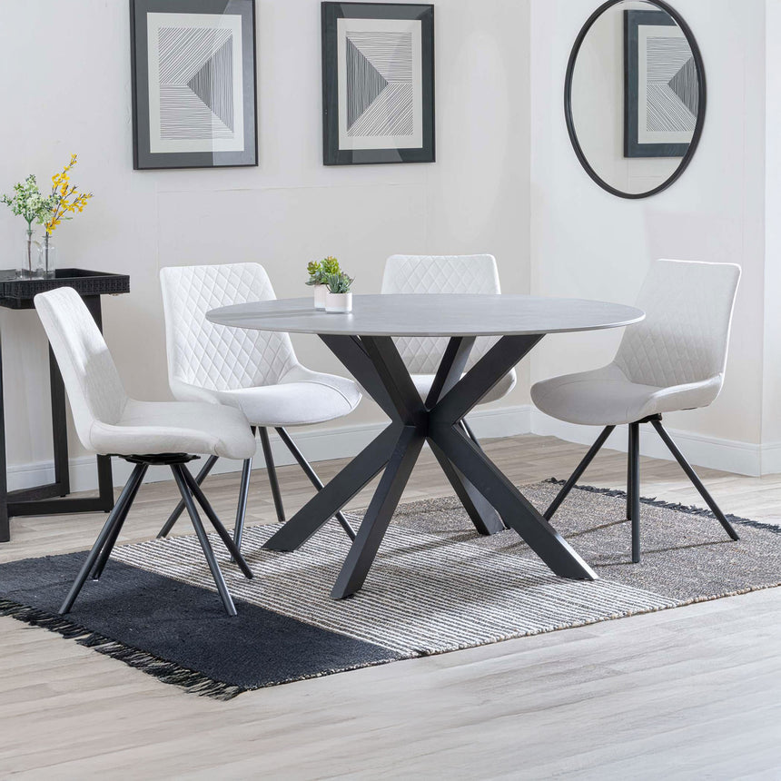 Megan Grey Ceramic 4 Seater Round Dining Set - Messina Fabric Swivel Dining Chair