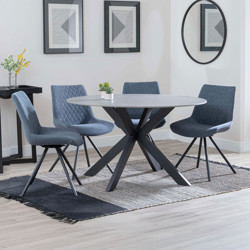 Megan Grey Ceramic 4 Seater Round Dining Set - Messina Fabric Swivel Dining Chair