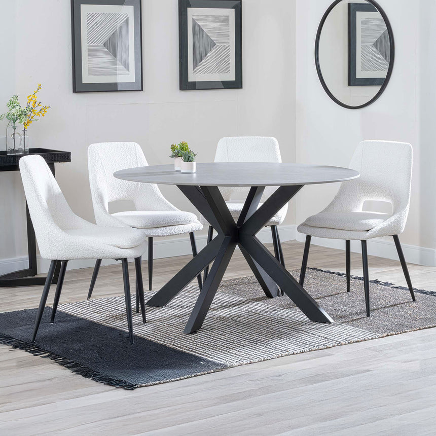 Megan Grey Ceramic 4 Seater Round Dining Set - Stansbury Fabric Dining Chair