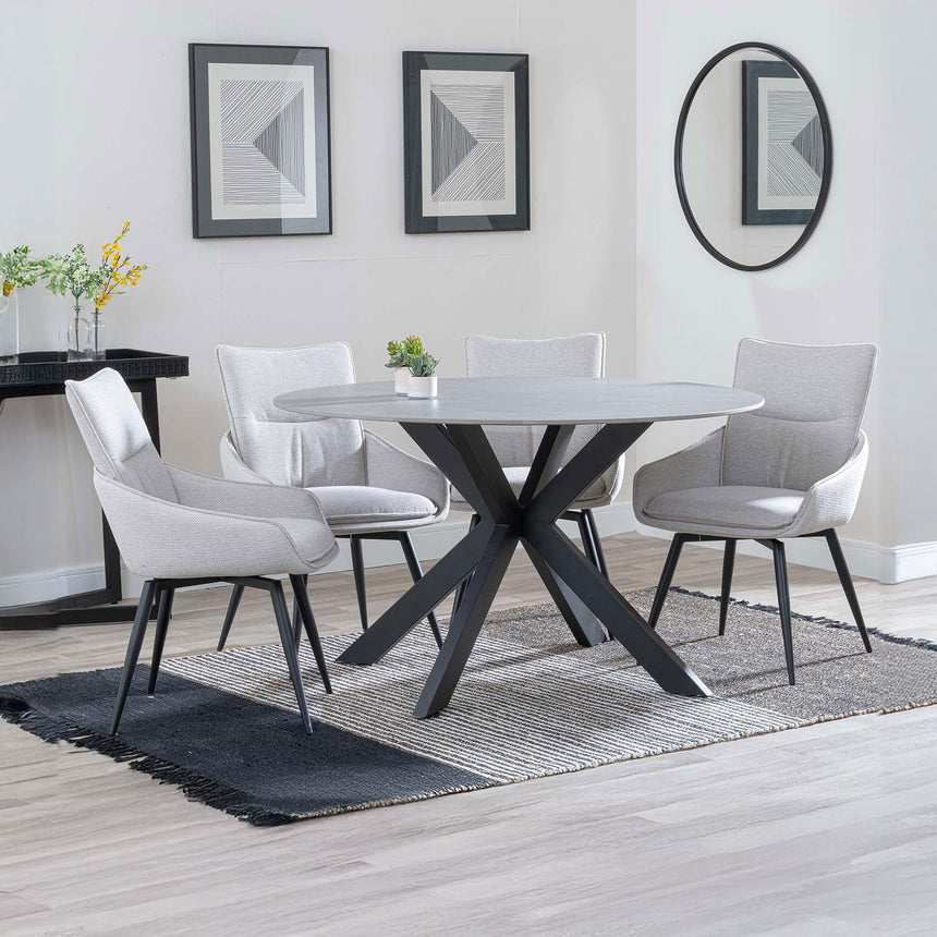 Megan Grey Ceramic 4 Seater Round Dining Set - Torres Fabric Swivel Dining Chair