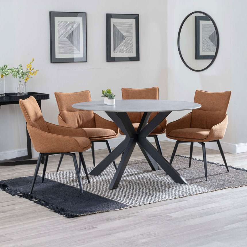Megan Grey Ceramic 4 Seater Round Dining Set - Torres Fabric Swivel Dining Chair