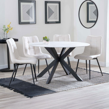 Megan White Ceramic 4 Seater Round Dining Set - Bolzano Fabric Dining Chair