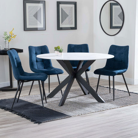 Megan White Ceramic 4 Seater Round Dining Set - Bolzano Fabric Dining Chair