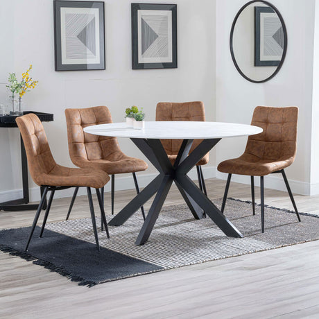 Megan White Ceramic 4 Seater Round Dining Set - Bolzano Fabric Dining Chair