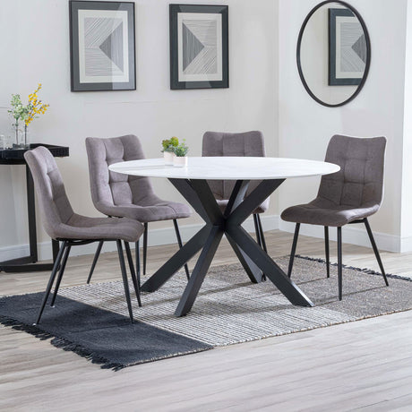 Megan White Ceramic 4 Seater Round Dining Set - Bolzano Fabric Dining Chair
