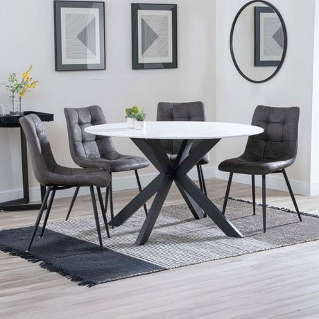 Megan White Ceramic 4 Seater Round Dining Set - Bolzano Fabric Dining Chair
