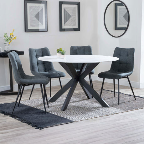 Megan White Ceramic 4 Seater Round Dining Set - Bolzano Fabric Dining Chair