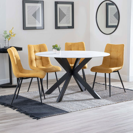 Megan White Ceramic 4 Seater Round Dining Set - Bolzano Fabric Dining Chair