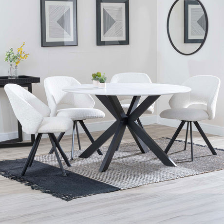 Megan White Ceramic 4 Seater Round Dining Set - Burano Velvet Fabric Swivel Dining Chair