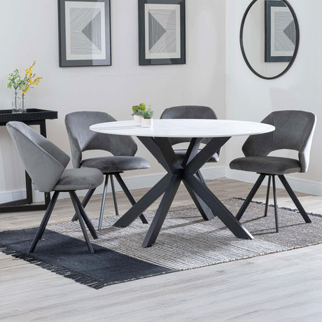 Megan White Ceramic 4 Seater Round Dining Set - Burano Velvet Fabric Swivel Dining Chair