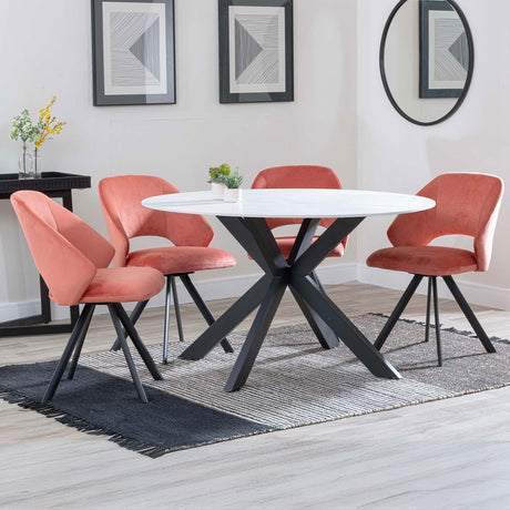 Megan White Ceramic 4 Seater Round Dining Set - Burano Velvet Fabric Swivel Dining Chair