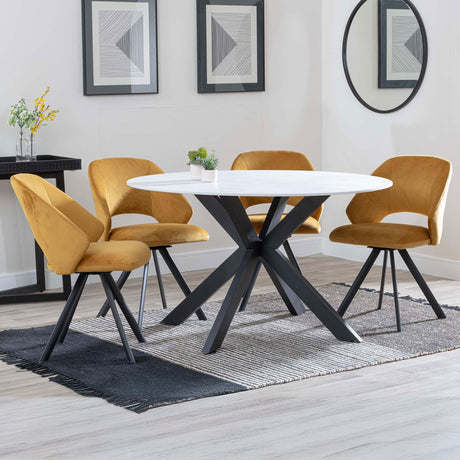 Megan White Ceramic 4 Seater Round Dining Set - Burano Velvet Fabric Swivel Dining Chair