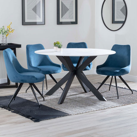 Megan White Ceramic 4 Seater Round Dining Set - Diana Velvet Fabric Swivel Dining Chair