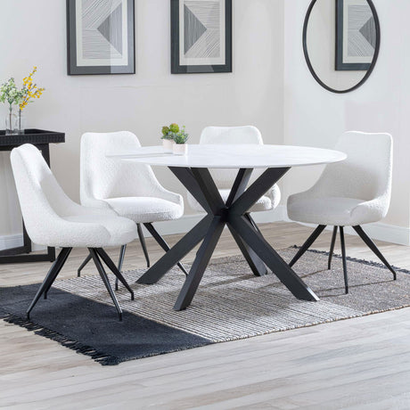 Megan White Ceramic 4 Seater Round Dining Set - Diana Velvet Fabric Swivel Dining Chair