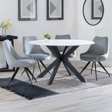 Megan White Ceramic 4 Seater Round Dining Set - Diana Velvet Fabric Swivel Dining Chair