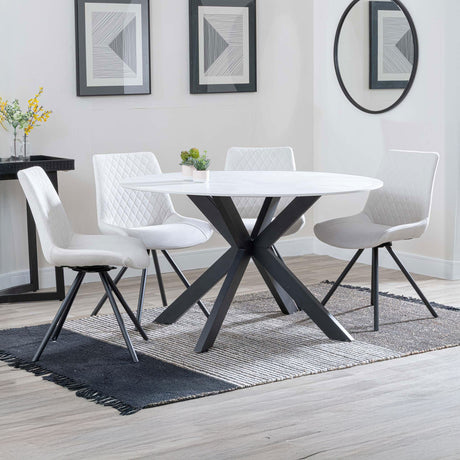 Megan White Ceramic 4 Seater Round Dining Set - Messina Fabric Swivel Dining Chair