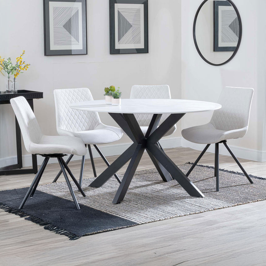Megan White Ceramic 4 Seater Round Dining Set - Messina Fabric Swivel Dining Chair